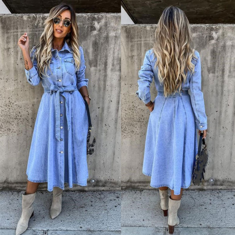 2026 Cross-Border Denim Dress European Style Lapel Single-Breasted Vintage Waist-Cinching Tie Elegant Long Flared Dress