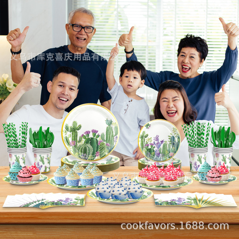 Nuevo cactus de verano, bandeja de papel carnoso, taza de papel, juego de vajilla de toallas de papel, artículos de decoración de fiesta mexicana