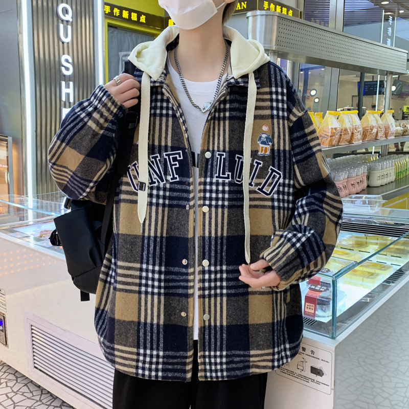 青少年春秋季加棉加厚格子外套男生连帽假两件防风保暖棉衣夹克