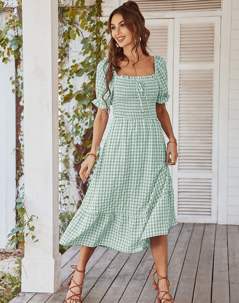 منقوشة طوق مربع قصيرة الأكمام Dresspicture2