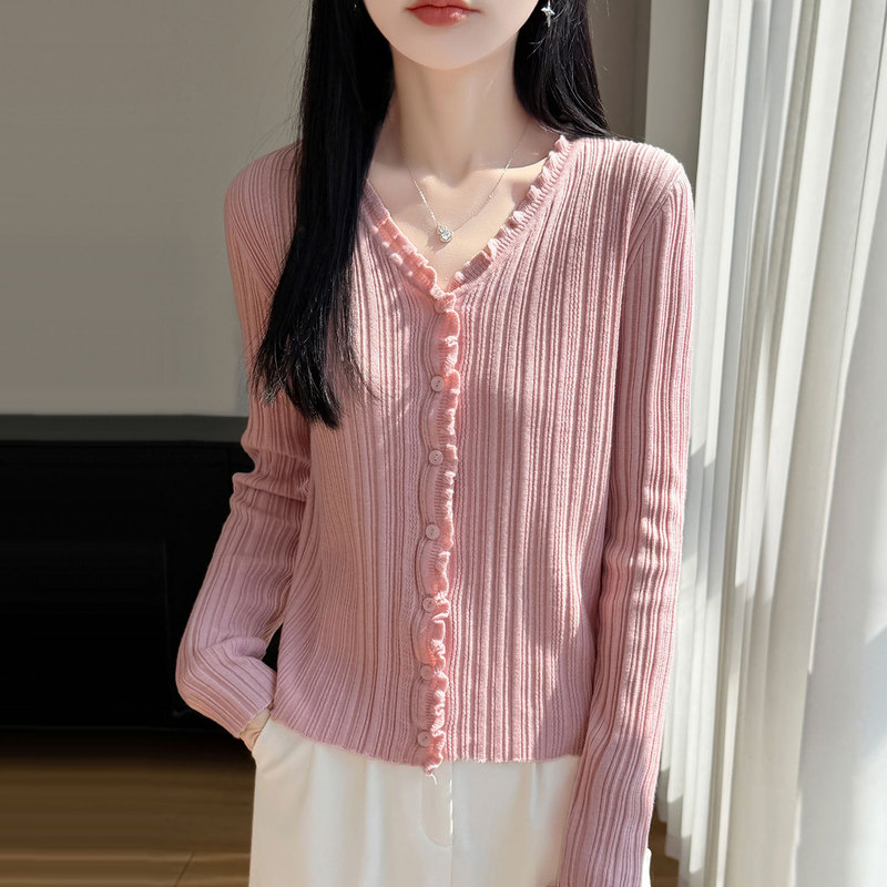 【Direct from Manufacturer】V-Neck Solid Color Striped Knitted Cardigan Women's Sweater Spring Thin Fashionable Stylish Outerwear 【Direct from Manufacturer】V-Neck Solid Color Striped Knitted Cardigan Women's Sweater Spring Thin Fashionable Stylish Outerwear