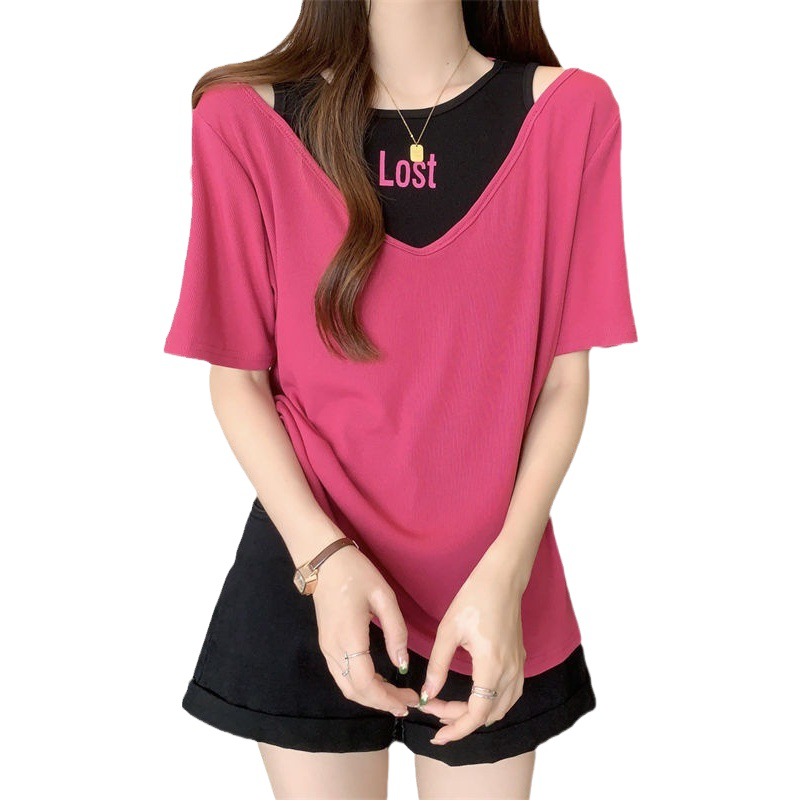 Tallas grandes para mujer que cubre el vientre impreso hombro manga corta camiseta hueca hermana gorda de las mujeres que adelgaza suelta falso top de dos piezas image 1