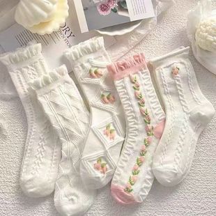 White Mid-Calf Socks for Women, Spring and Summer Thin Style, Trendy Versatile Bubble Cuff Lace Princess Socks, High-Value Jk Socks