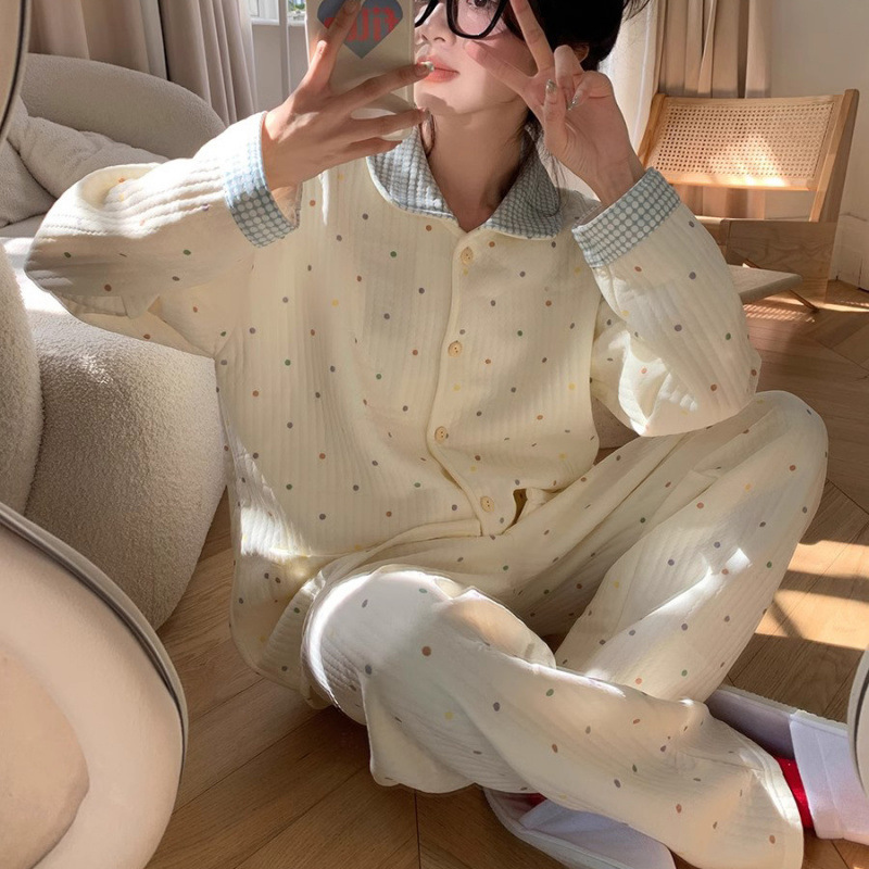 2024 새로운 가을과 겨울 코튼 따뜻한 잠옷 여성용 달콤한 컬러 폴카 닷 긴 소매 세트 두꺼운 따뜻한 집 옷