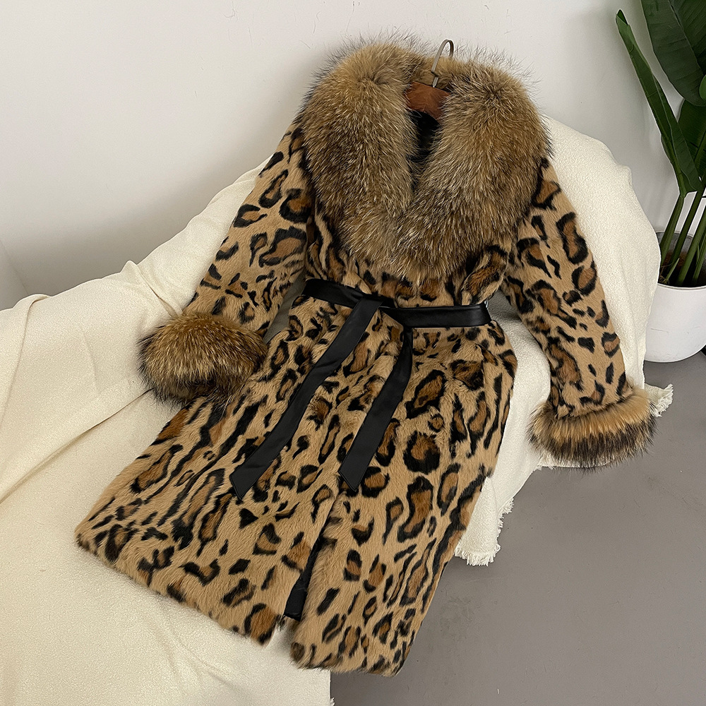 Leopard Printed Real Rabbit Fur Jacket Womens Belted Coats Fox Fur