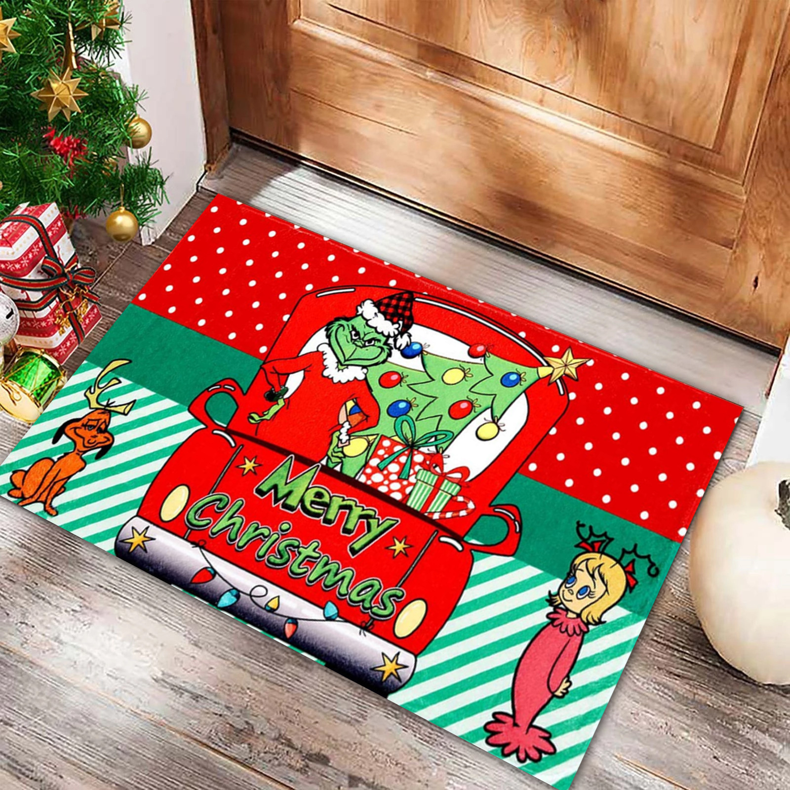 Nueva alfombra de puerta Grinch de Navidad Estera decorativa de Nochebuena Alfombra de piso de la generación del pelo del Amazonas Alfombra de piso