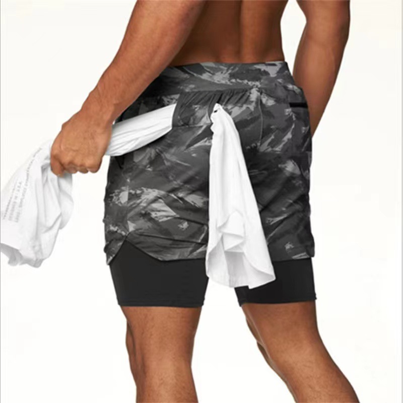 thumbnail for Factory Direct Supply summer men&#039;s running shorts sports casual loose multi-pocket double layer plus size fitness shorts