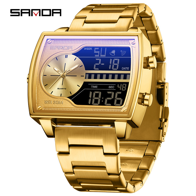 SANDA SANDA 6163 nuevo reloj electrónico de moda doble pantalla multifuncional reloj de hombre impermeable calendario de luz nocturna reloj de hombre