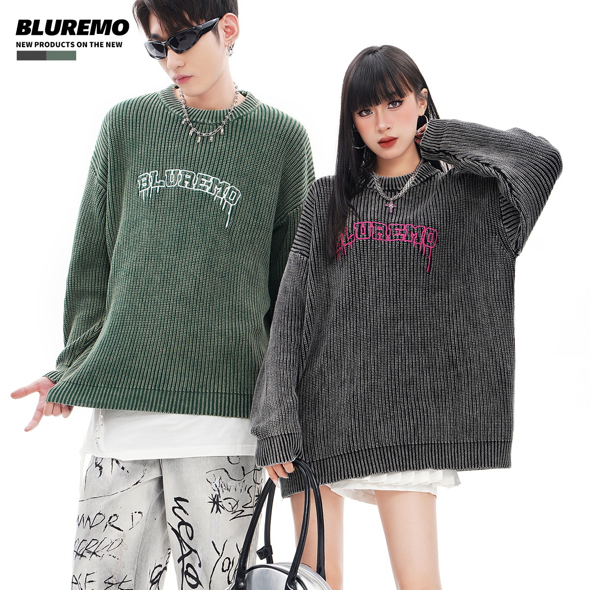 Vêtements pour hommes Automne et hiver haute rue rétro délavé à l'eau lettre broderie rue dynamitage à la mode tout match pull tricoté à col rond_voghion.com