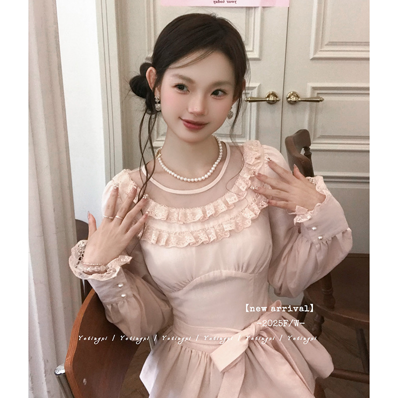 早秋新款温柔风气质甜美花边蕾丝长袖女绑带收腰衬衫撞色半裙套装|undefined