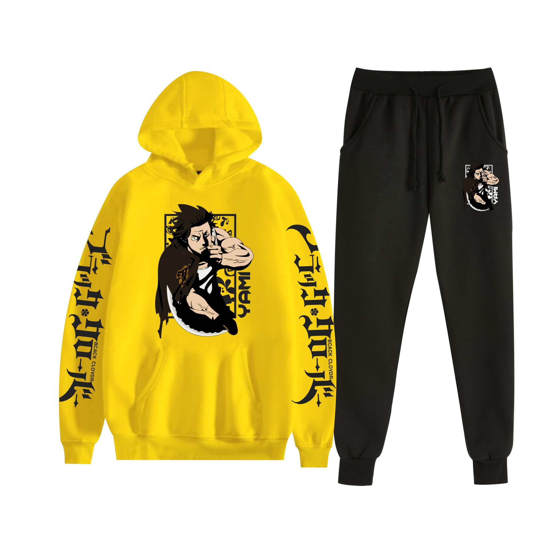 Trébol de cuatro hojas negro nuevo estilo transfronterizo Black Clover pareja suéter con capucha hombres y mujeres pantalones de dos piezas