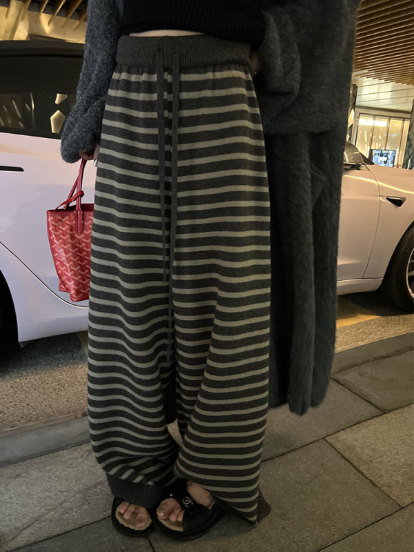 superniniyy 本期心头好厚实暖暖条纹毛线裤慵懒舒适针织休闲裤女|undefined