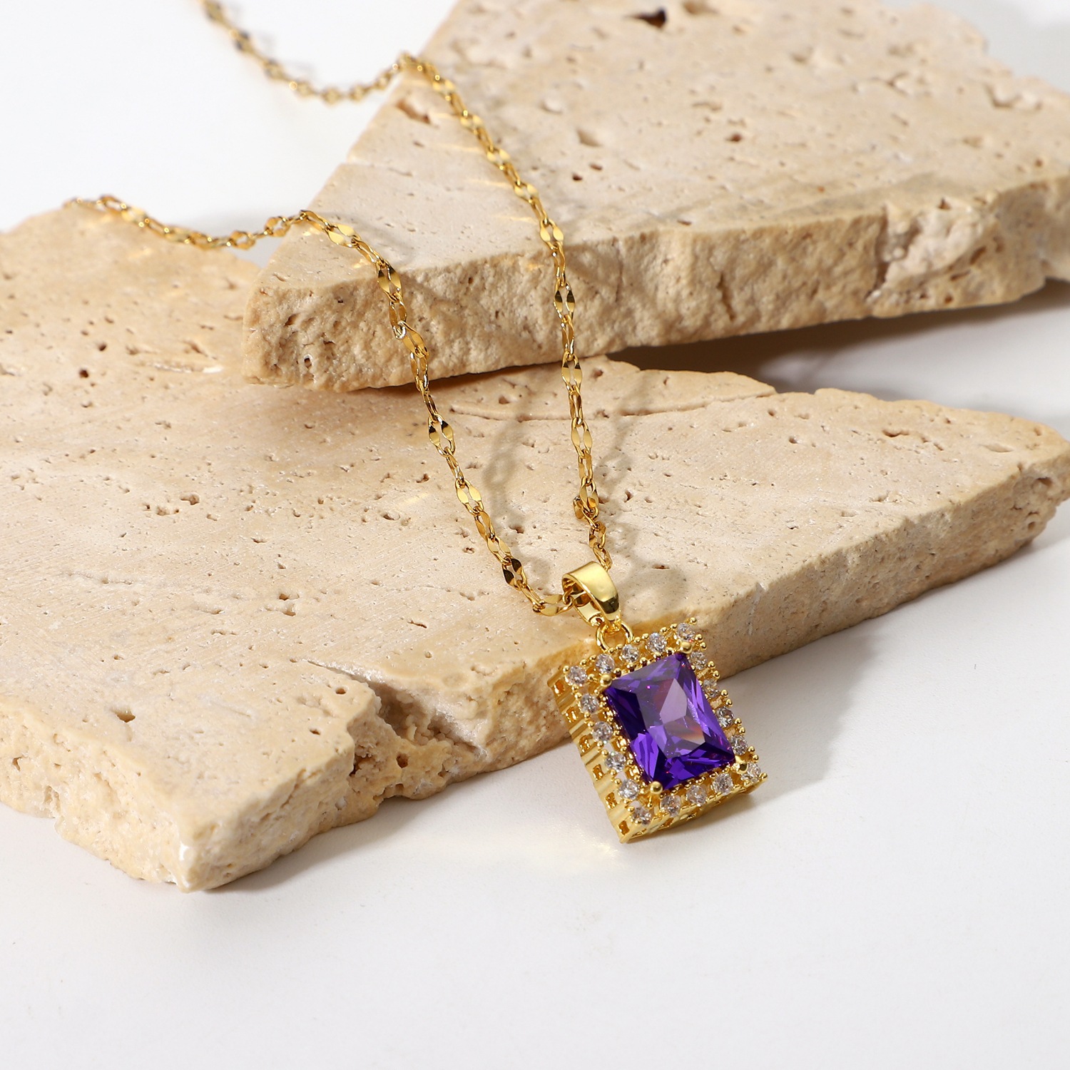 Fashion 18k Gold-plated Stainless Steel Necklace Square Violet Cubic Zirconia Pendant Necklace display picture 2