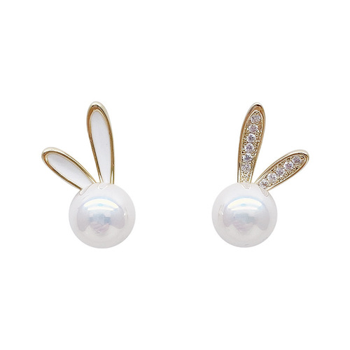 Glittering Mermaid Princess! Asymmetric Early Spring Zirconia Rabbit Ear Pin Earrings for Women -  New Trend Pearls Earrings