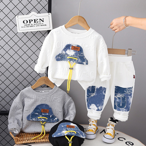 Boys' new spring and autumn casual style hat, drawstring sweatshirt two-piece set, handsome baby boy's autumn set