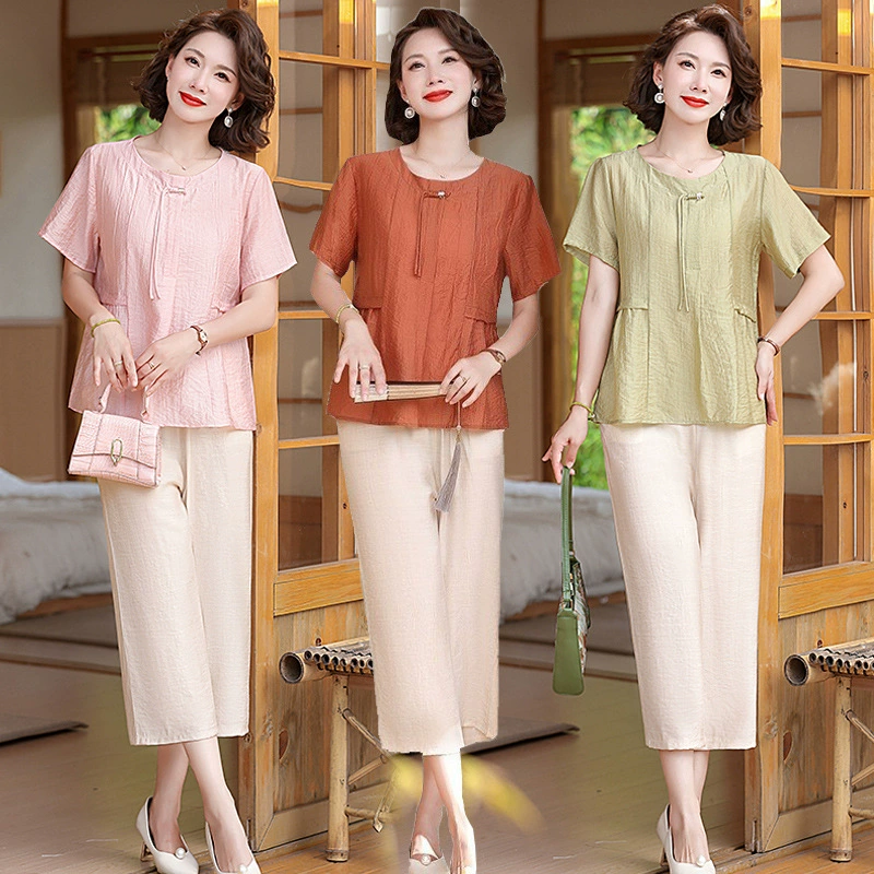 Мама летний новый набор иностранного стиля среднего и пожилого возраста, свободная футболка с короткими рукавами большого размера, чтобы покрыть живот, тонкий набор из двух частей