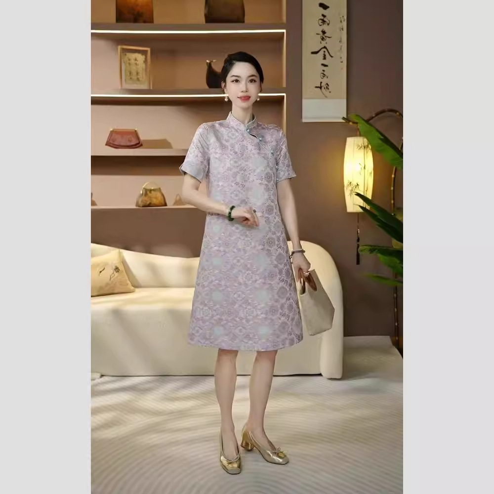 Đầm maxi nữ thắt eo phong cách Trung Quốc mới, chất liệu Song thổ cao cấp, tay ngắn, cổ cao, dáng suông nhẹ — Màu tím