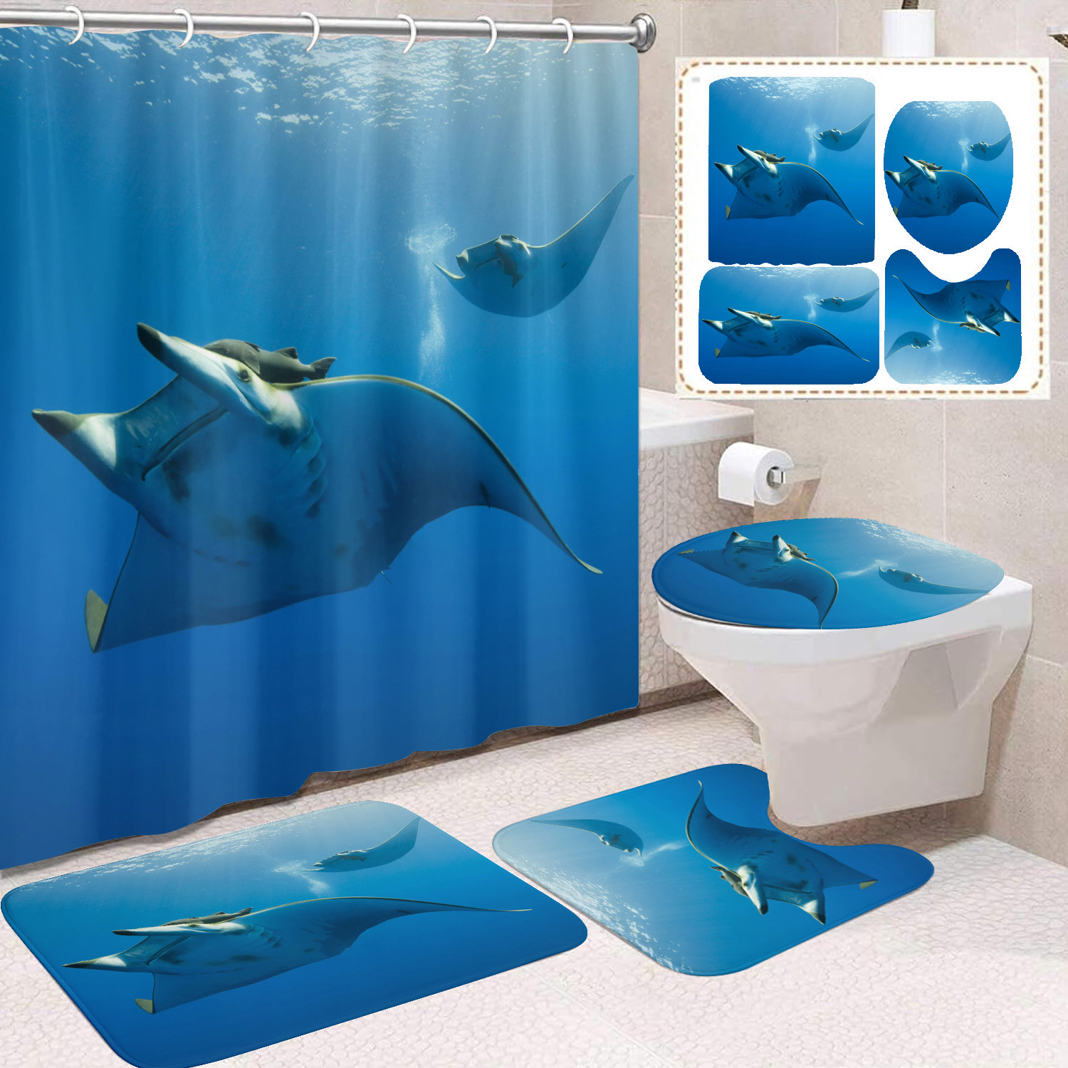 Cortina de ducha transfronteriza con diseño de delfines azules, estampada digitalmente, de poliéster, sin perforaciones, para baño, decoración del hogar image 54