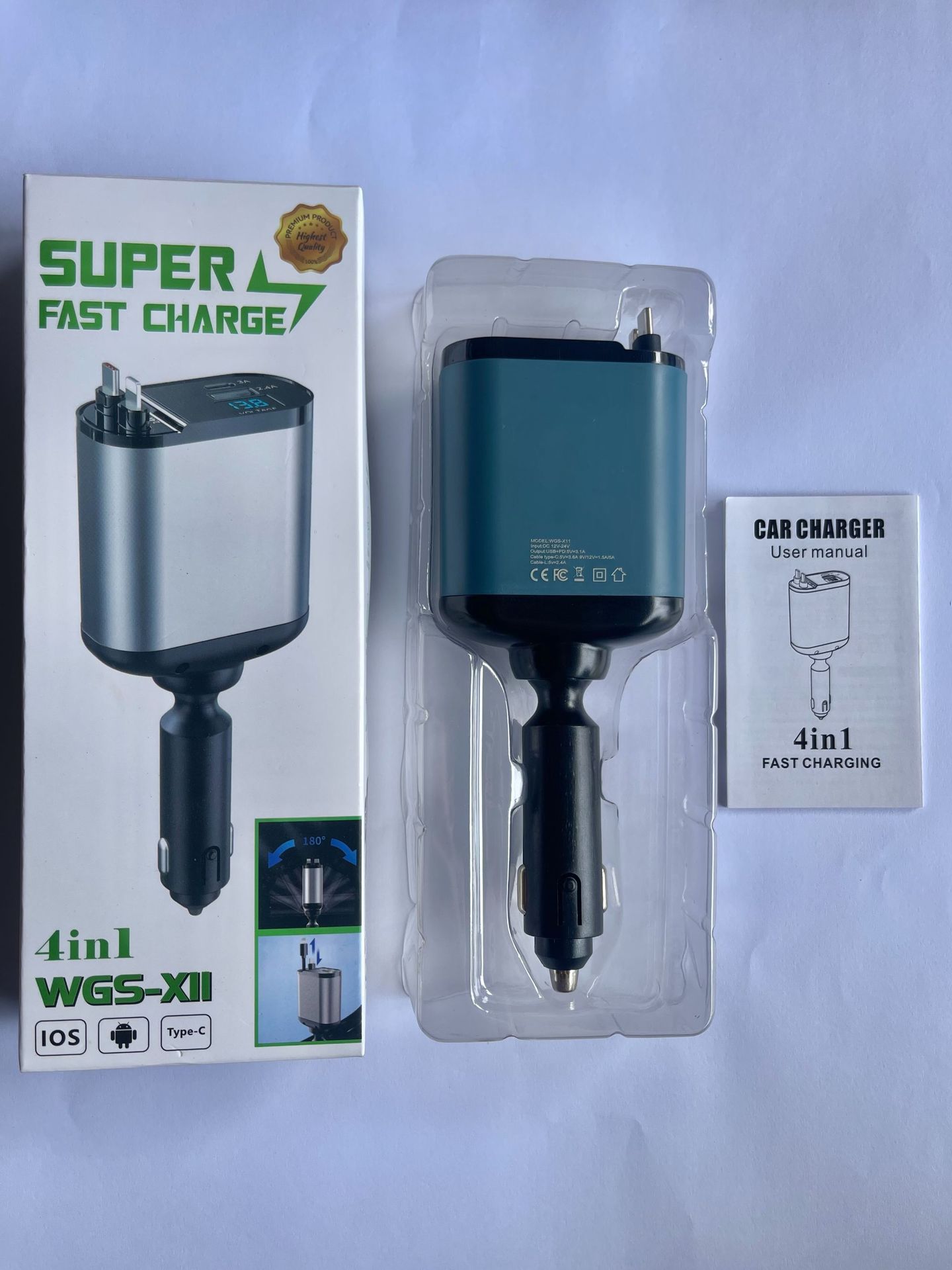 Car Charger with Retractable Cable, One-To-Four Car Charger, Super Fast Charging, Flash Charging, Car Phone Charging Head, Cigarette Lighter