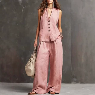 2026欧美跨境亚马逊新款女士无袖马甲背心阔腿裤棉麻两件套女装