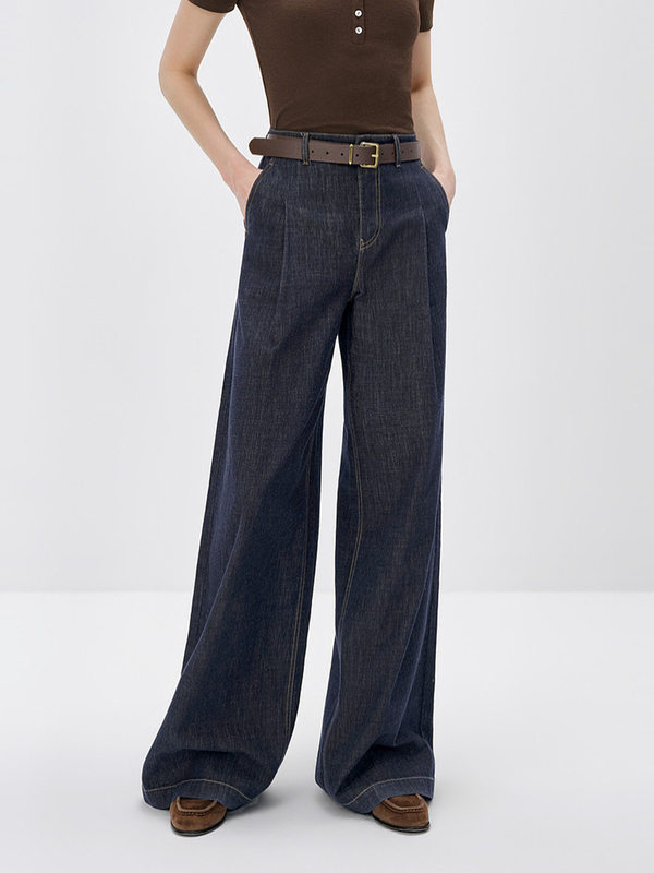 Quần ống rộng denim cạp cao phong cách retro cho nữ, form suông thoải mái tôn dáng — Xanh tím than