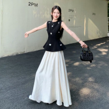 法式复古无袖黑色手工珠花背心女2025夏季新款修身气质收腰半身裙