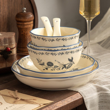 新中式陶瓷餐具青花瓷碗家用菜盘子碟子米饭碗汤碗面碗双耳鱼盘