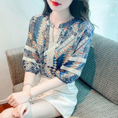 Five-Sleeve Ethnic Style Chiffon Top for Women - Summer New Arrival Loose Print Small Collar Medium-Sleeve Stylish Lightweight Shirt