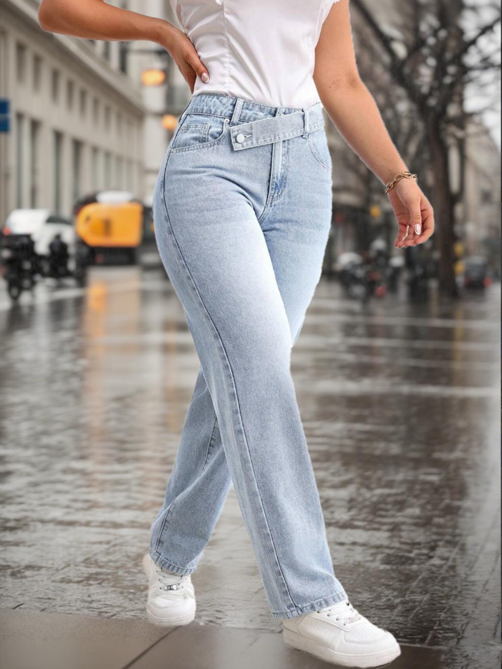Vaqueros de mujer denim azul claro lavado pierna recta_voghion.com