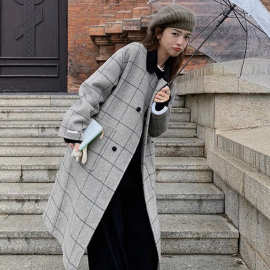 新款拼接复古设计感格子呢子大衣中长款韩系百搭秋冬毛呢外套