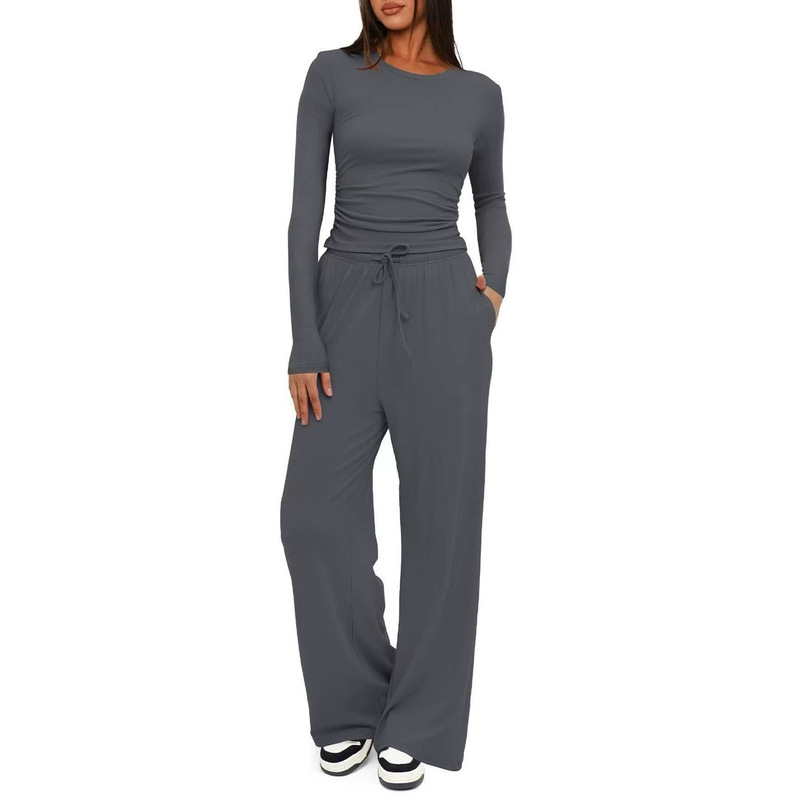 Cross-border women's round-neck casual two-piece set: long-sleeved top with side pleats and high-waisted drawstring wide-leg pants, wholesale