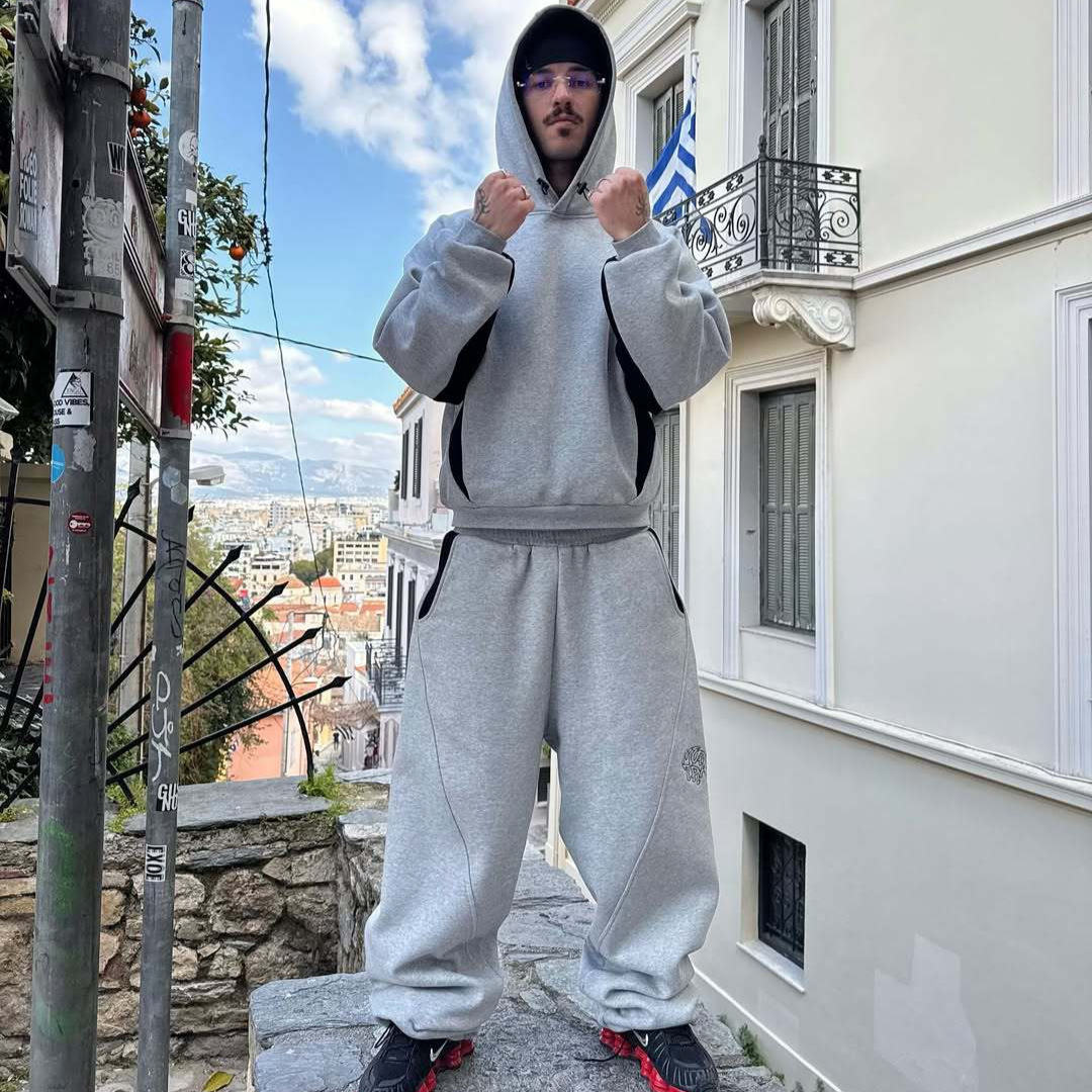 mertra重磅美式街头嘻哈拼接刺绣卫裤男潮牌宽松连帽卫衣运动套装