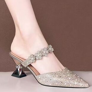 2025 Pointed High Heels Women's Baotou Heelless Rhinestone Elegant Slimming Spring and Summer Thick Heel European and American Style Half Slippers