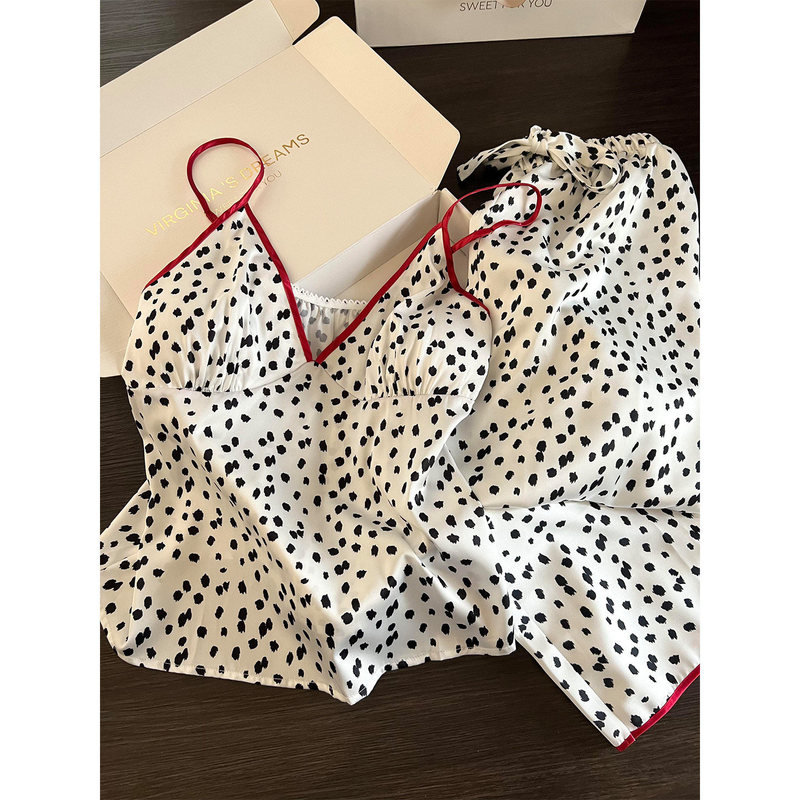 French-Style Light Luxury Leopard Print Polka Dot Ice Silk Pajamas for Women, Summer Pure Desire V-Neck Camisole Loungewear Set Ins
