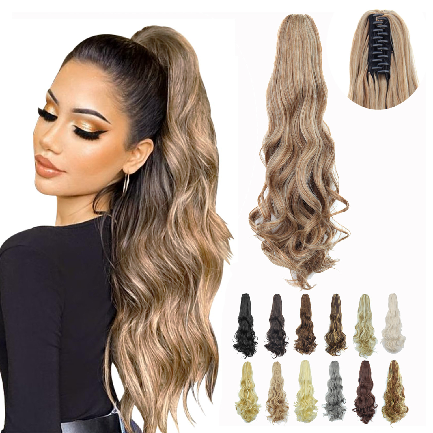 24 pulgadas peluca cauda de caballo gran onda larga rizado clip de garra sintética alta cauda de caballo