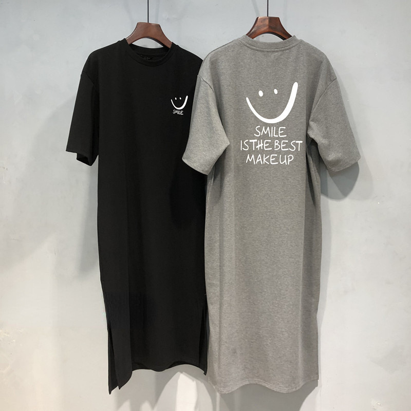 夏の新型百合学院風半袖ゆるい韓国風プリントオープンフォーク中のロングワンピースtシャツ女性|undefined