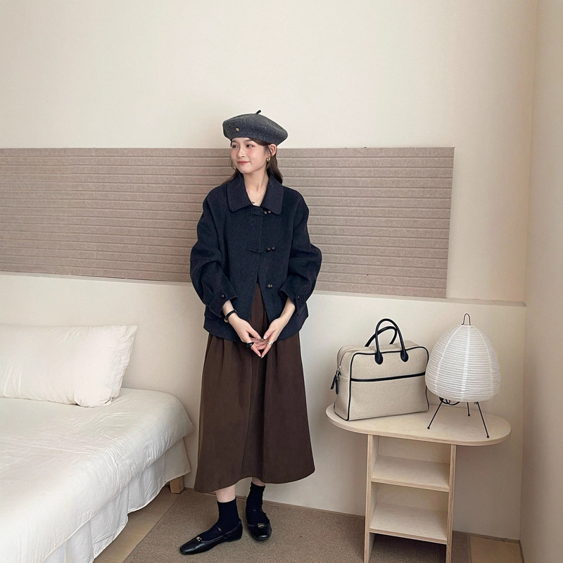 2025秋冬新款翻领双面羊绒大衣女短款小个子气质时尚羊毛呢外套女|undefined