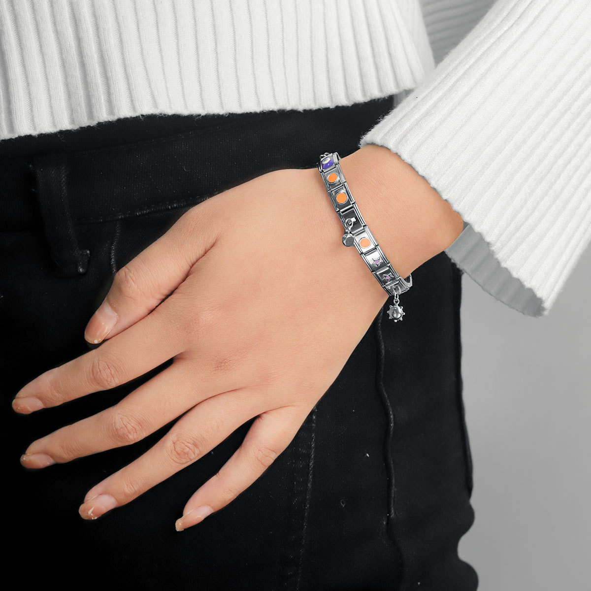 Módulo de acero inoxidable italiano pulsera cuadrada puntos esmalte módulo brillante elástico DIY accesorios de pulsera granular