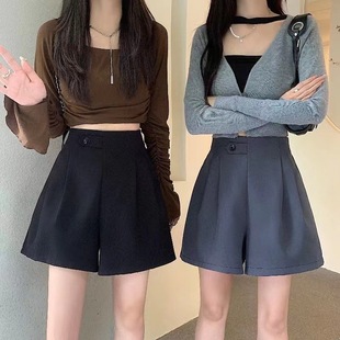 Draping wide-leg suit pants autumn Korean style 2023 new outdoor wear high waist slimming black A- line casual shorts for women