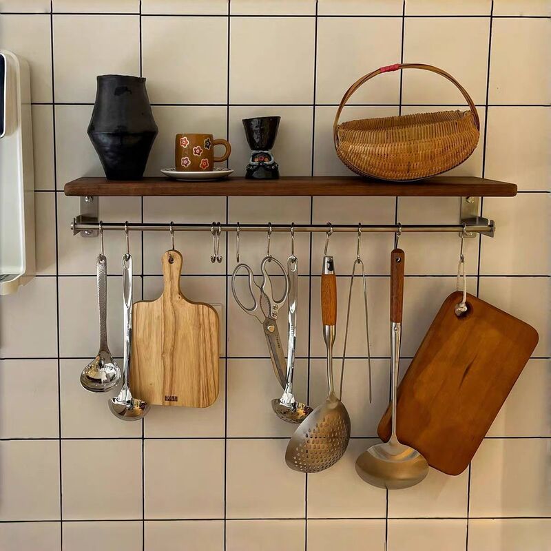 Kitchen Stainless Steel Storage Rack, No-Drill Wall-Mounted Rack for Cloths, Spoon Holder, Hanging Rod, Spatula, Knife, and Seasoning Storage Rack