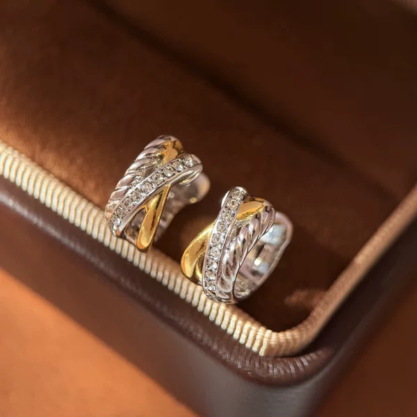 GeFei DY gold and silver two-tone twisted rope wrap-around diamond-encrusted C-shaped small hoop earrings, a combination of three elements, live-streamed cross-border earrings