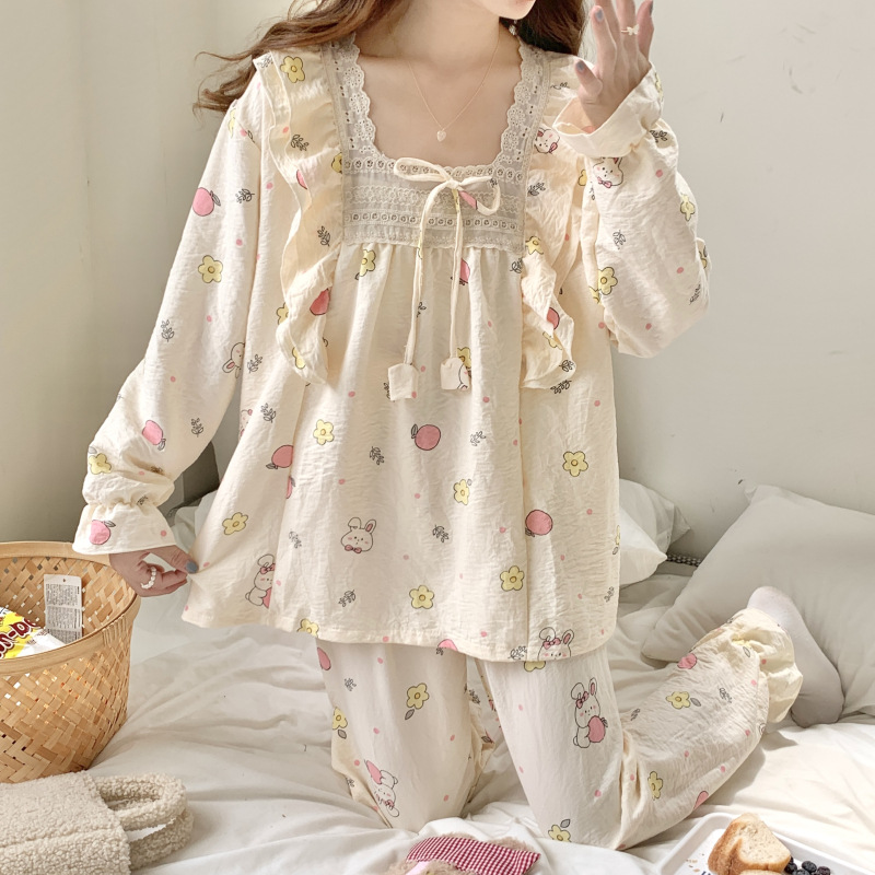 Estilo puro deseo otoño e invierno nuevo pijama de las mujeres tejido de algodón fresco manga larga ins estilo dulce encaje desgaste del hogar traje