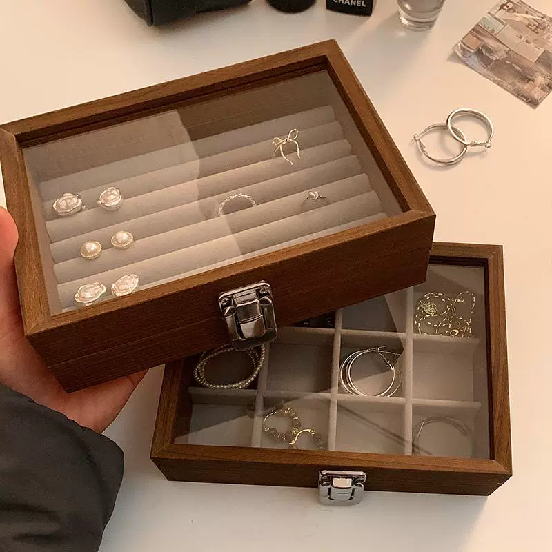 黑胡桃耳钉耳环收纳盒高档木纹精致便携首饰戒指项链盒珠宝首饰盒
