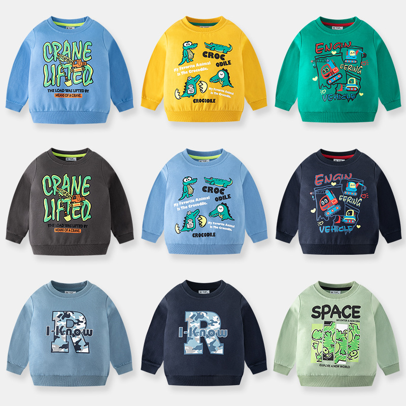 Ropa infantil de alta calidad 2026, ropa de otoño para niños, sudadera con letras de dibujos animados estilo coreano, suéter infantil de manga larga, venta al por mayor