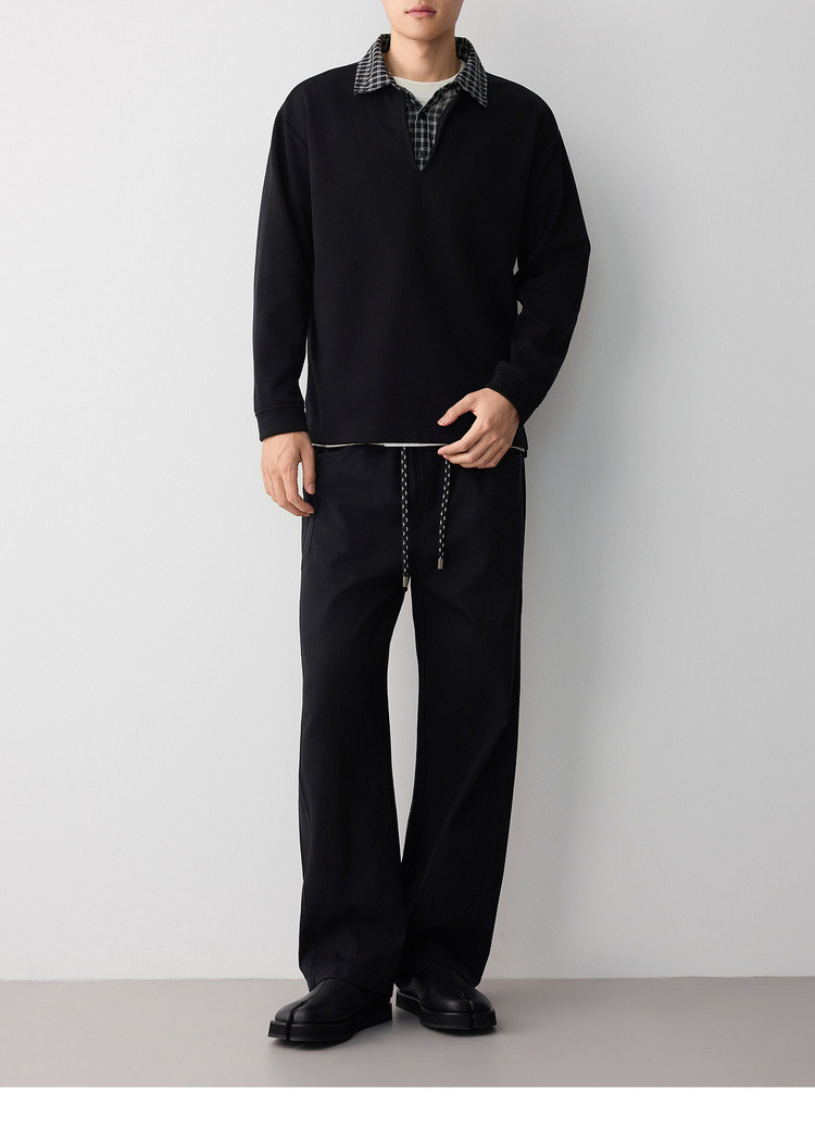 Áo hoodie nam nỉ hai lớp cổ lạnh kiểu giả hai lớp — đen chi tiết 15