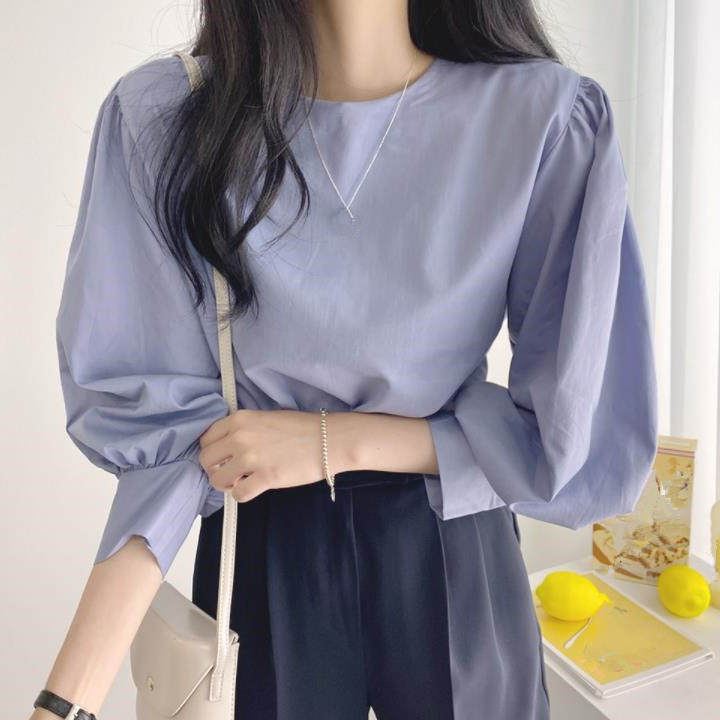 春先フレンチレトロファッションシンプルデザインプリーツパフスリーブラウンドネックプルオーバーシャ​​ツトップ|undefined