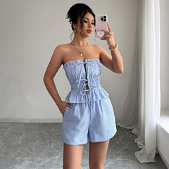 国境を越えた欧米の気質の優雅な風は上着の半ズボンの2つのセットの婦人服の2025夏のアマゾンの独立駅を縛ります。