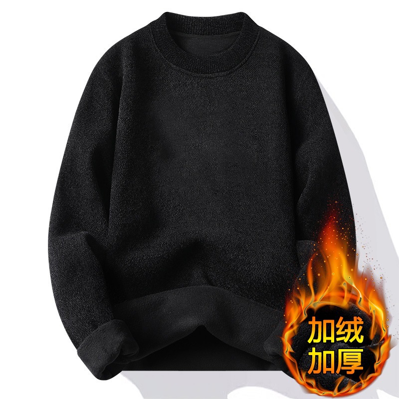 Men's Round Neck Sweater with Velvet and Thickened Solid Color Loose Winter All-In-One Velvet Warm Knitted Bottoming Shirt for Men
