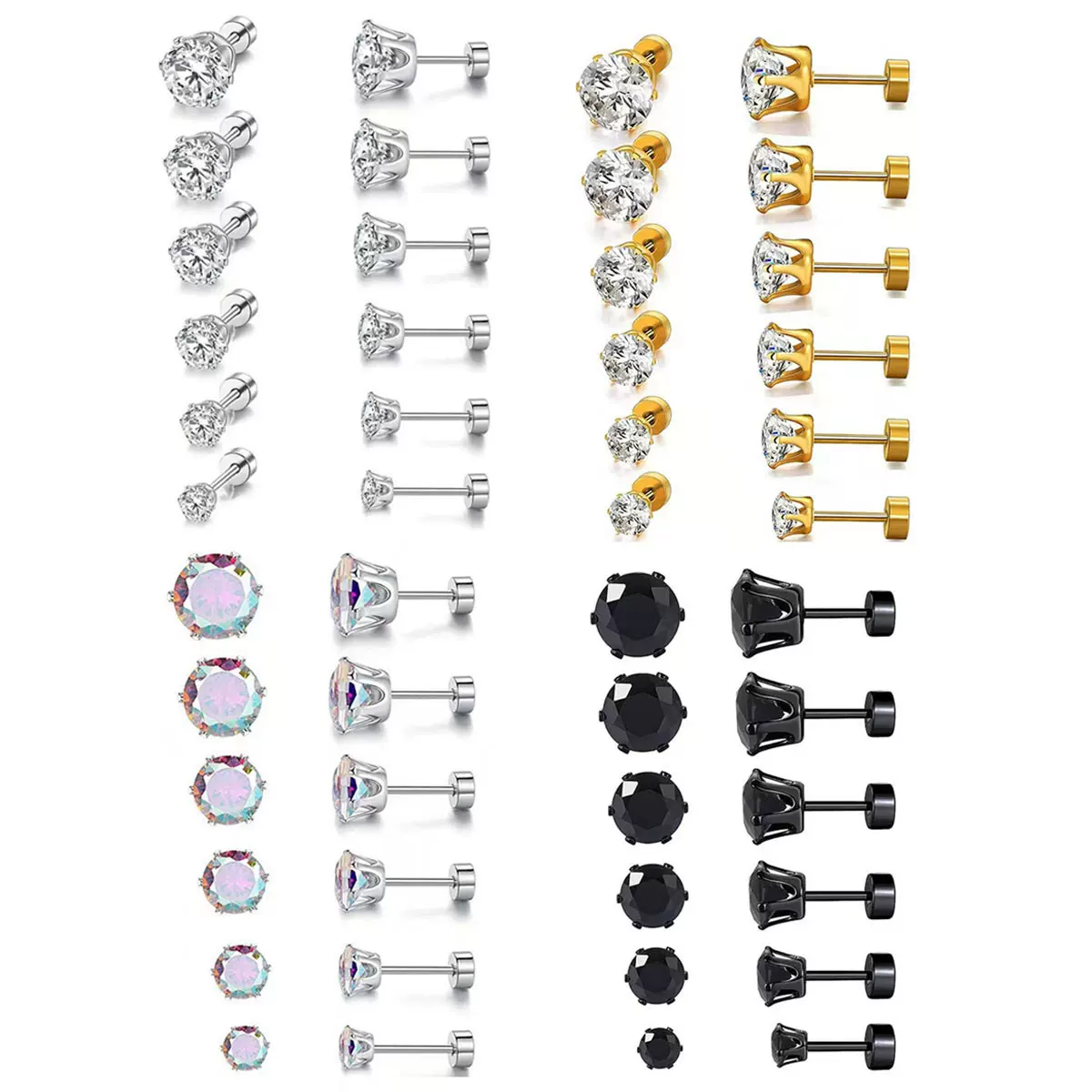 跨境时尚简约316不锈钢简约清新耳饰六爪彩色合成锆石耳钉批发