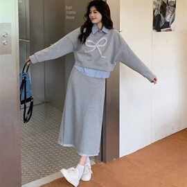 休闲风假两件卫衣套装女2026早春蝴蝶结高腰半身裙显瘦两件套潮